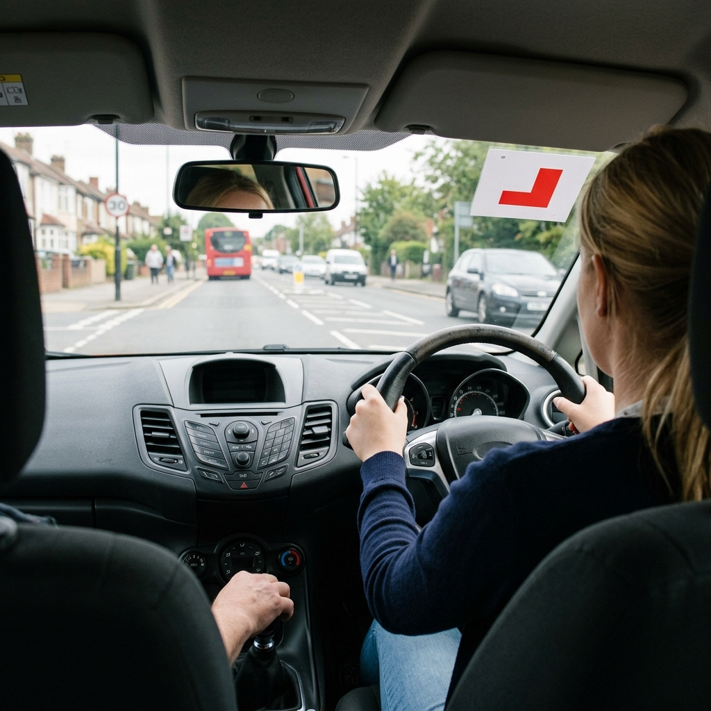 Learner driver in a right-hand-drive car with an L-plate in the UK