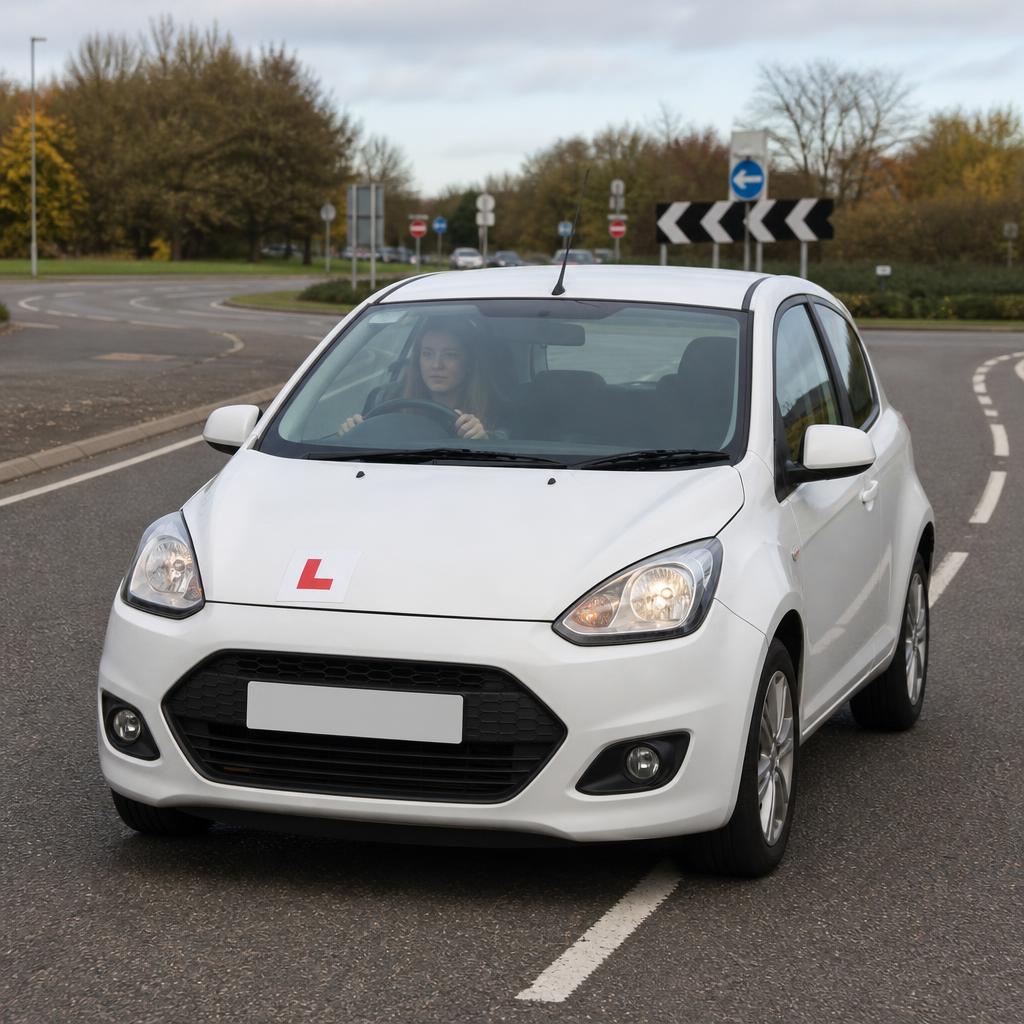 Right-hand-drive learner car with red L-plate on a UK road near a roundabout